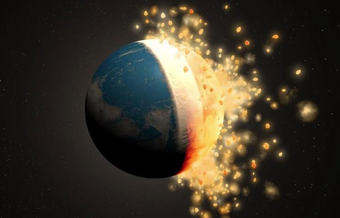 Representación artística de una gran colisión en la Tierra primitiva