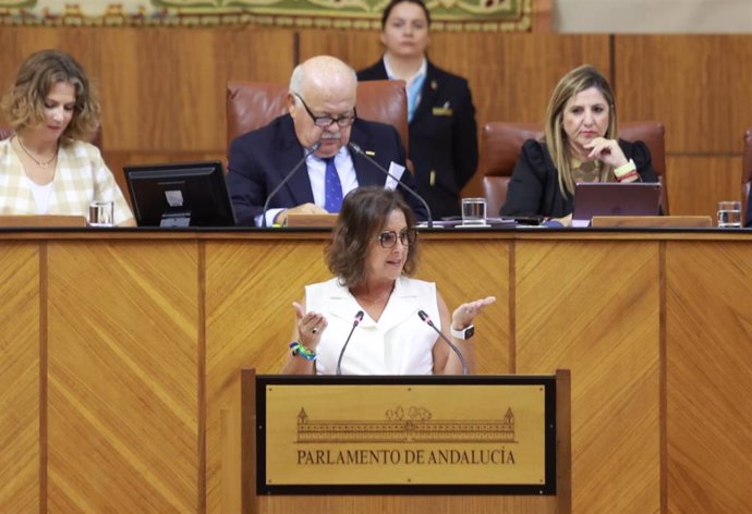 La consejera de Salud, Catalina García, este jueves en el Pleno del Parlamento de Andalucía.