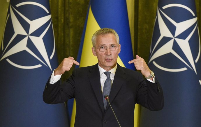 September 28, 2023, Kyiv, Ukraine: KYIV, UKRAINE - SEPTEMBER 28, 2023 - NATO Secretary General Jens Stoltenberg is pictured during a joint meeting with the press with President of Ukraine Volodymyr Zelenskyy following their negotiations, Kyiv, capital o