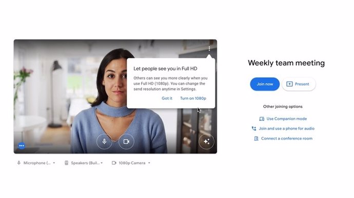Google Meet introduce la calidad 1080p para las videollamadas grupales.