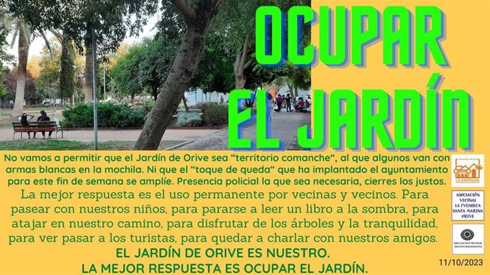 Cartel con el que las asociaciones vecinales del entorno del Jardín de Orive llaman a ocuparlo, para evitar el botellón.