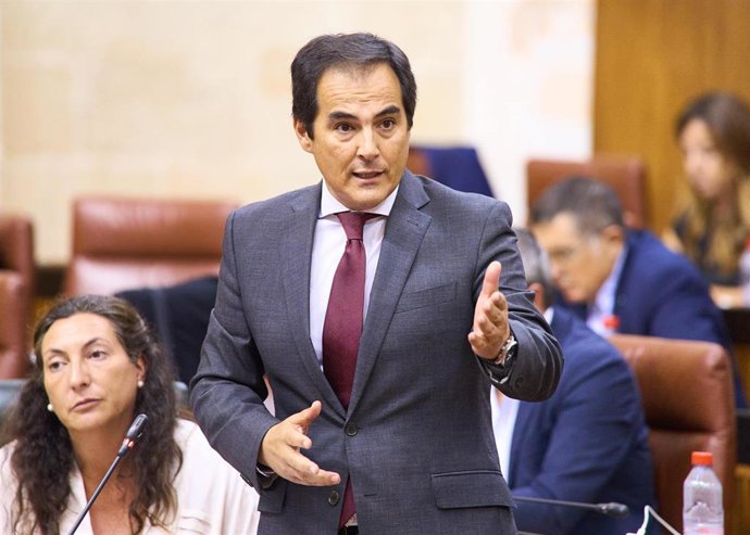 El consejero de Justicia, Administración Local y Función Pública, José Antonio Nieto, durante su intervención en el Pleno del Parlamento de Andalucía.