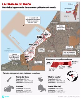Mapa de la Franja de Gaza, territorio palestino de Oriente Próximo junto a la frontera de Israel con Egipto, que desde el 7 de octubre de 2023 es foco de la guerra entre Israel y Hamás.