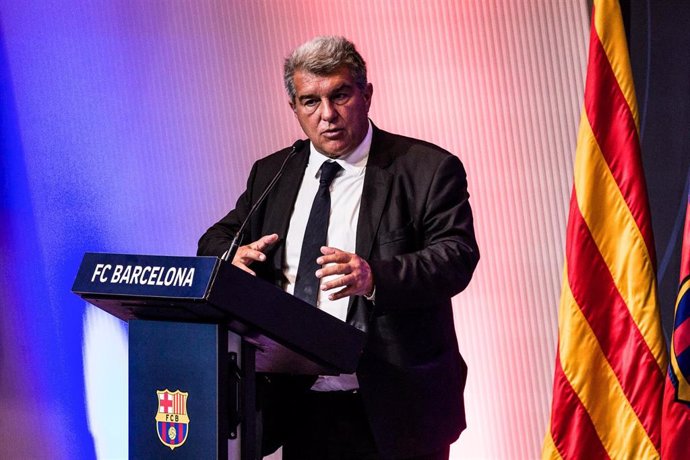 Joan Laporta, President of Fc Barcelona, attends during the presentation of Dario Bruzuela, Joel Parra, Jabari Parker and Willy Hernangomez as new players of FC Barcelona Basket at Auditori 1899 on September 14, 2023 in Barcelona, Spain.