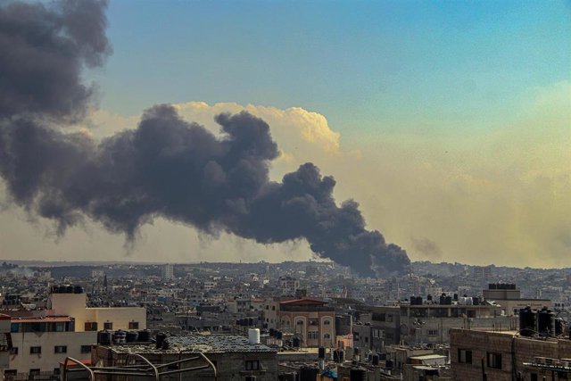 October 11, 2023, Gaza, Palestine: (INT) Smoke and flames billow after Israeli forces hit a high-rise tower in Gaza City. October11, 2023, Gaza, Palestine: Palestinian militants have started a ''war'' against Israel, infiltrating by air, sea and land from