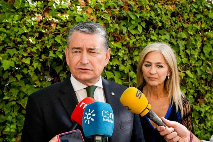 El consejero de Presidencia, Interior, Diálogo Social y Simplificación Administrativa de la Junta de Andalucía, Antonio Sanz, atiende a los medios después de asistir al acto castrense con motivo de la festividad de la Virgen del Pilar.