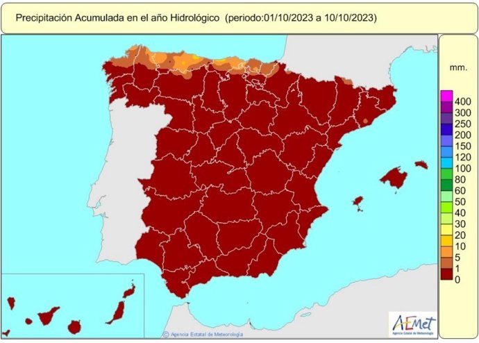 Precipitación acumulada desde el inicio del año hidrológico en España desde el 1 de octubre de 2023 hasta el 10 de octubre de 2023.
