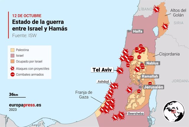Mapa con el estado de la guerra entre Israel y Hamás el 12 de octubre de 2023. Israel entró en guerra con Hamás tras el ataque lanzado contra el país el 7 de octubre.