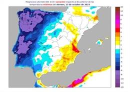 Mapa elaborado por la Aemet para ilustrar la "bajada notable" de temperaturas máximas en CyL