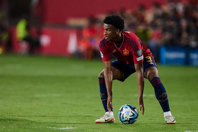Alejandro Balde of Spain gestures during the UEFA EURO 2024 European qualifier match between Spain and Scotland at La Cartuja stadium on October 12, 2023, in Sevilla, Spain.