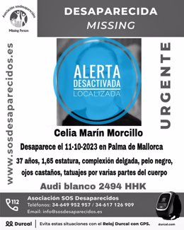 Cartel con la alerta desactivada de la desaparición de la mujer de 37 años en Palma