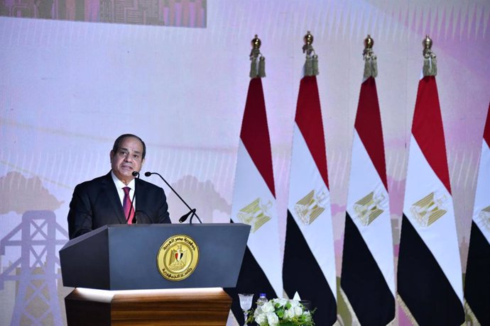 HANDOUT - 02 October 2023, Egypt, Cairo: Egyptian President Abdel Fattah El-Sisi speaks during the final day of the Hikayat Watan conference, held in the New Administrative Capital. El-Sisi officially announced on Monday that he will run for presidency in