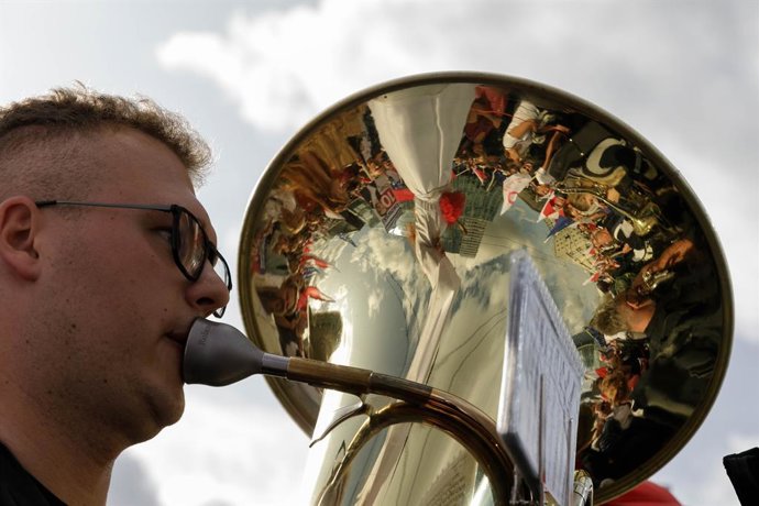 October 1, 2023, Warsaw, Poland: A man is playing the tuba during The Million Hearts March in Warsaw. The Million Hearts March took place on the streets of Warsaw on Sunday, October 1, 2023. The event was organized by the Civic Coalition (Polish: Koalic