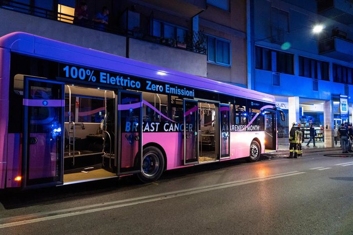 October 14, 2023, MESTRE: Accident involving a bus in Mestre, near Venice, Italy, 14 October 2023. The bus, an electric vehicle, hit a pillar of a house after the driver lost control of the vehicle and crossed the road. The driver was injured in the acc