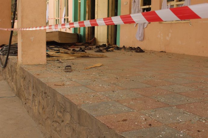 BAGHLAN, Oct. 14, 2023  -- This photo taken on Oct. 14, 2023 shows the blast site at a mosque in Baghlan province, Afghanistan.   Seven persons have been confirmed dead and 17 others were injured as a blast ripped through a mosque in the capital of nort