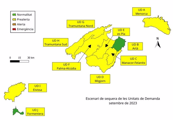 Mapa del escenario de sequía de las Unidades de Demanda de Baleares en septiembre de 2023