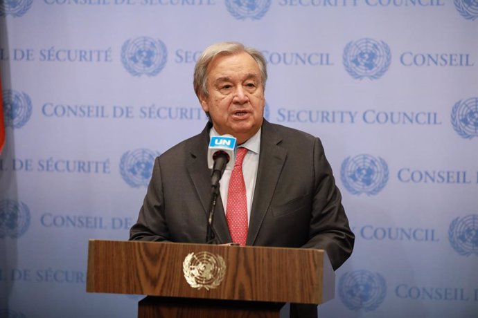 UNITED NATIONS, Oct. 13, 2023  -- UN Secretary-General Antonio Guterres speaks to the press outside the Security Council Chamber at the UN headquarters in New York, on Oct. 13, 2023. Guterres warned on Friday that the relocation of Gaza residents from t