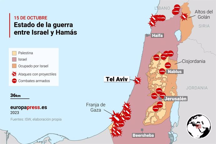Mapa con el estado de la guerra entre Israel y Hamás el 15 de octubre de 2023. Israel entró en guerra con Hamás tras el ataque lanzado contra el país el 7 de octubre.