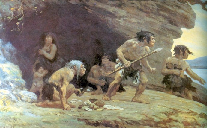 Archivo - Reconstrucción artística de 1920 de neandertales de Le Moustier.