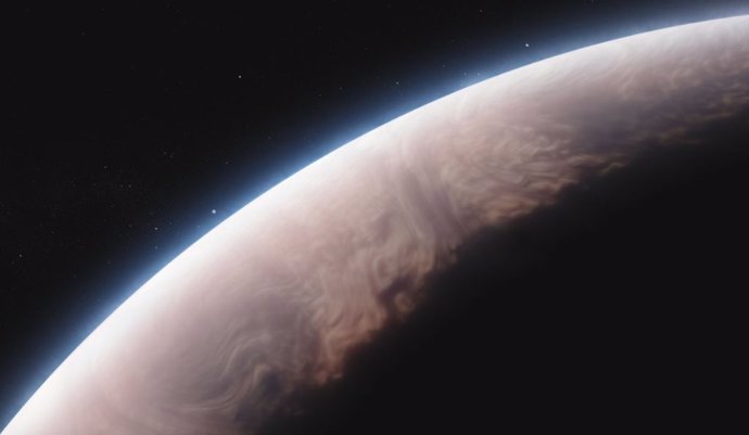 La atmósfera del planeta gigante gaseoso WASP-17 b, representado en este concepto artístico, está compuesta principalmente de hidrógeno y helio, junto con pequeñas cantidades de vapor de agua y toques de dióxido de carbono y otras moléculas.