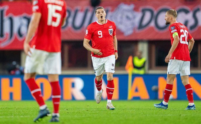 13 October 2023, Austria, Vienna: Austria's Marcel Sabitzer celebertes after scoring a goal during the UEFA Euro 2024 Qualifying Group F soccer match between Austria and Belgium at Ernst Happel Stadium. Photo: Georg Hochmuth/APA/dpa