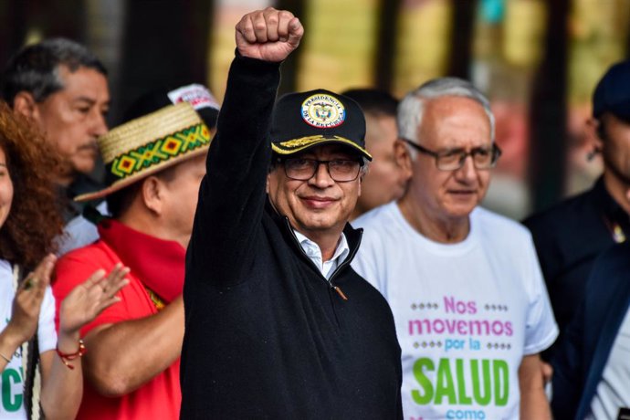 September 27, 2023, Bogota, Cundinamarca, Colombia: Colombian president Gustavo Petro is seen as Colombians march in support for the government purposed social reforms in Bogota, Colombia, September 27, 2023.