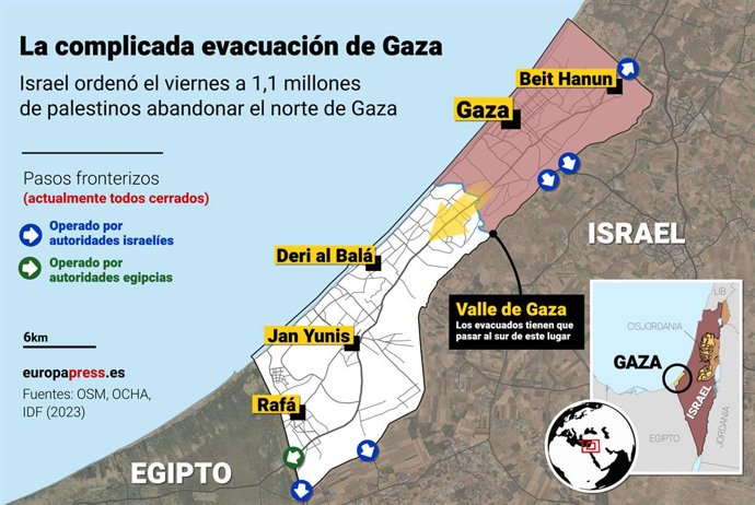 Mapa de la situación de la evacuación de Gaza desde que Israel ordenó el viernes 13 de octubre de 2023 a los 1,1 millones de palestinos que viven en este territorio abandonar el norte de la región.