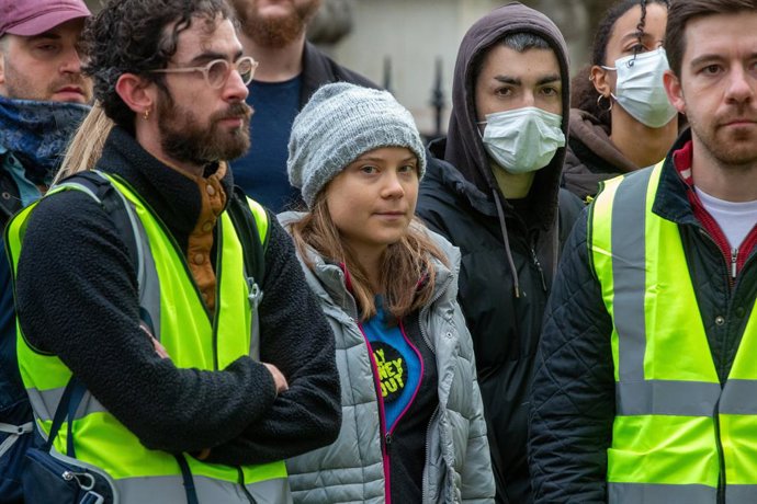 October 17, 2023, London, England, United Kingdom: GRETA THUNBERG joins Extinction Rebellion protest, Oily Money Out,  outside InterContinental London Park Lane Hotel where CEOs of energy giants convene for Energy Intelligence Forum.