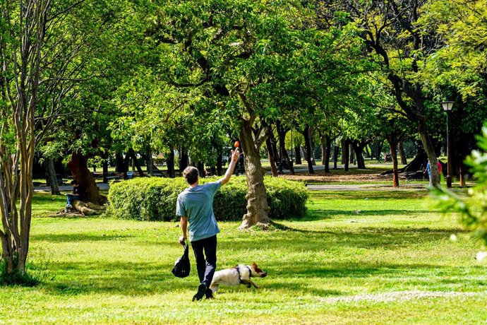 Archivo - Un hombre juega con su perro en el Parque de Los Príncipes, en una imagen de archivo.
