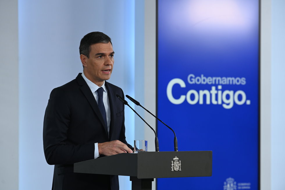 El presidente del Gobierno, Pedro Sánchez, durante su declaración institucional