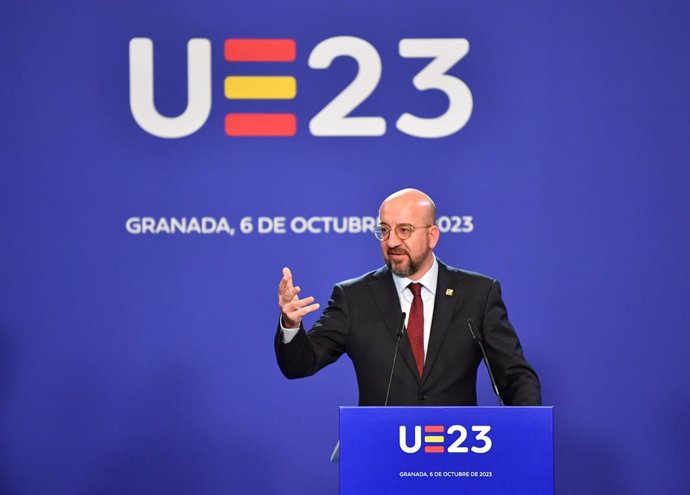 GRANADA (SPAIN), Oct. 6, 2023  -- European Council President Charles Michel speaks at a press conference after an informal summit of the European Union (EU) in Granada, Spain, on Oct. 6, 2023. Leaders of the European Union (EU) member states concluded t