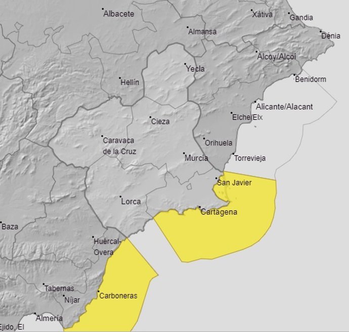La Aemet activa la alerta amarilla este miércoles por fenómenos costeros en el Campo de Cartagena y Mazarrón