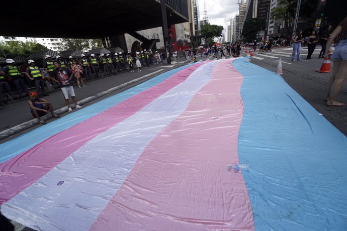 Bandera 'trans' en un desfile en Sao Paulo, Brasil.