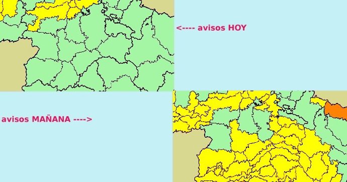 Mapa elaborado por la Aemet sobre el aviso amarillo por rachas de viento en CyL