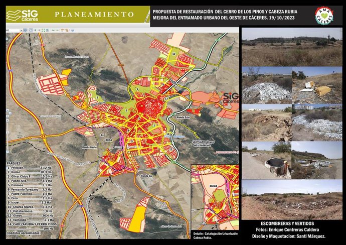 Mapa en el que se propone la creación del Gran Buda de Cáceres en la zona del Cerro de los Pinos