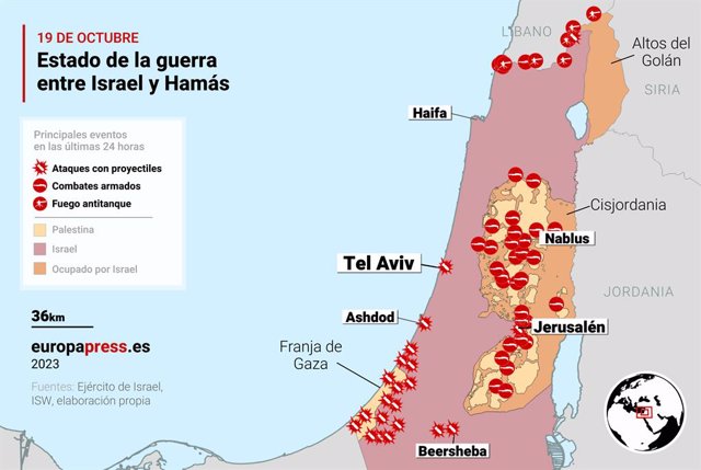 Mapa con el estado de la guerra entre Israel y Hamás el 19 de octubre de 2023. Israel entró en guerra con Hamás tras el ataque lanzado contra el país el 7 de octubre