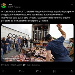 UPA considera "intolerable" e "injusto" el ataque contra los camiones españoles en la frontera con Francia.