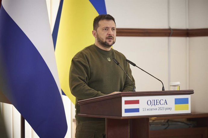 October 13, 2023, Odesa, Ukraine: Ukrainian President Volodymyr Zelenskyy listens to a question during a joint press conference with Dutch Prime Minister Mark Rutte, October 13, 2023 in Odesa, Ukraine.