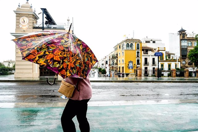 Dificultades de caminar por el Puente de Triana debido al viento y la lluvia, a 19 de octubre de 2023 en Sevilla, (Andalucía, España). La borrasca Aline se ceba con la arboleda de Sevilla varios árboles se han visto afectados en la capital por los fuertes