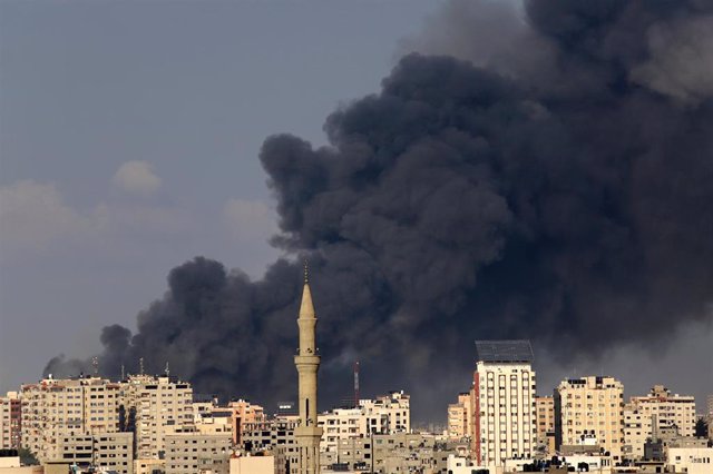 GAZA, Oct. 11, 2023  -- Smoke billows following an Israeli airstrike in Gaza City, on Oct. 11, 2023. The Palestinian Islamic Resistance Movement (Hamas) on Saturday launched a surprise attack on Israeli towns adjacent to the Gaza Strip, prompting Israel t