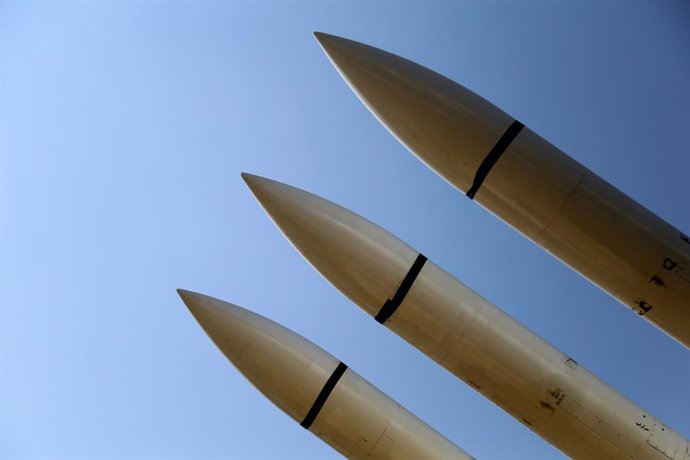 September 26, 2023, Tehran, Iran: An anti-aircraft missiles are pictured, during a military exhibition commemorating the Iran-Iraq war (1980-88) anniversary, at Baharestan Square in downtown Tehran. Military equipment displayed by Iran's army and parami