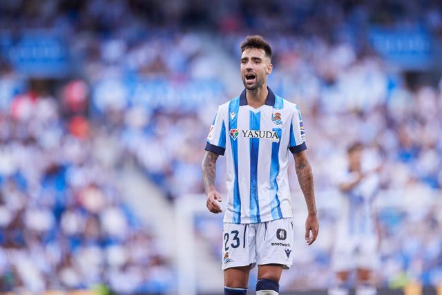 Brais Mendez of Real Sociedad reacts during the LaLiga EA Sports match between Real Sociedad and RCD Mallorca at Reale Arena on October 21, 2023, in San Sebastian, Spain.