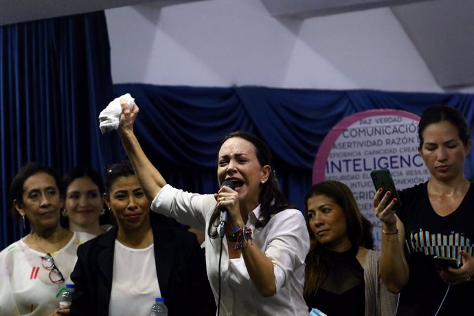 October 5, 2023: October 05, 2023. María Corina Machado, candidate to the opposition primaries, delivers a speech, at an event with women at the Bar Association of Carabobo state. Photo: Juan Carlos Hernández