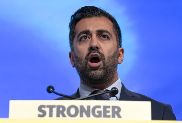 15 October 2023, United Kingdom, Aberdeen: Scotland's First Minister and Scottish National Party (SNP) leader Humza Yousaf discusses the Independence Strategy Resolution during the second session of the SNP annual conference at The Event Complex Aberdeen 