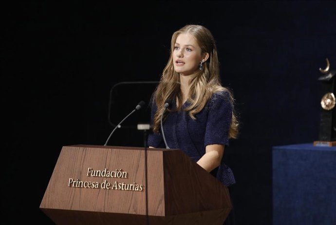 La Princesa Leonor, interviene en la 43 edición de la entrega de los Premios Princesa de Asturias 2023, en el teatro Campoamor, a 20 de octubre de 2023, en Oviedo, Asturias (España). 