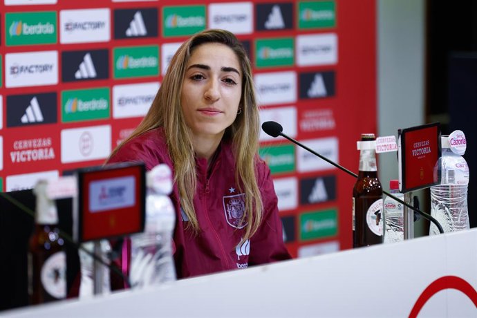 Olga Carmona attends her press conference during the concentration of Spain Women Team at Ciudad del Futbol on October 24, 2023, in Las Rozas, Madrid, Spain.