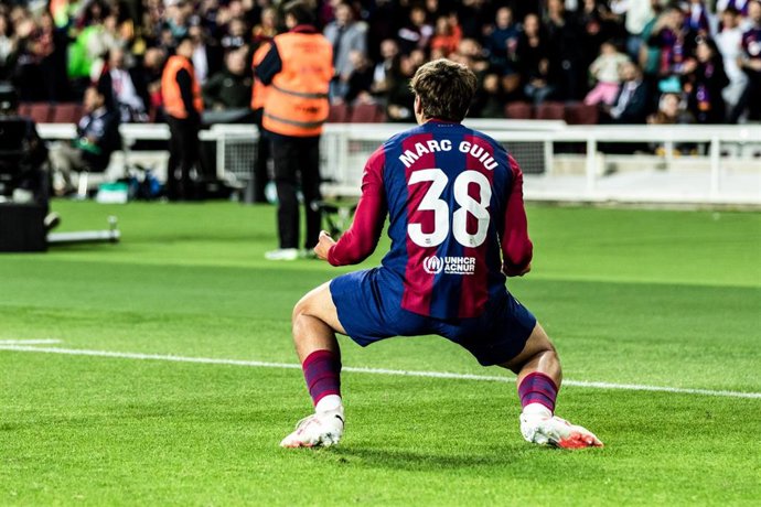 Marc Guiu of FC Barcelona celebrates a goal during the spanish league, La Liga EA Sports, football match played between FC Barcelona and Athletic Club de Bilbao at Estadio Olimpico de Montjuic on October 22, 2023, in Barcelona, Spain.