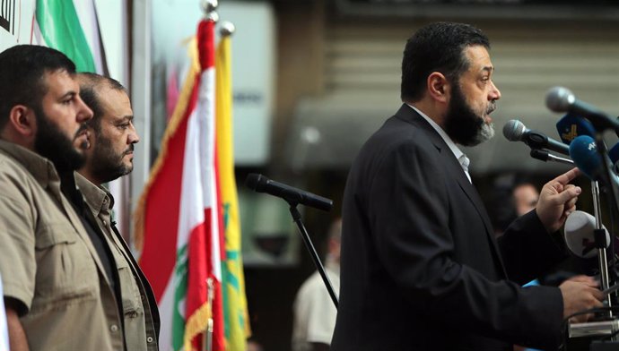 Archivo - May 17, 2021, Beirut, Beirut, Lebanon: Representative of the Hamas movement, Osama Hamdan speaks during a rally organized by Lebanon's militant Hezbollah group to express solidarity with the Palestinian people, in the southern suburb of Beirut