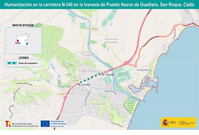Mitma licita por 950.000 euros las obras de humanización de la carretera N-340 en la travesía de Pueblo Nuevo de Guadiaro, en San Roque