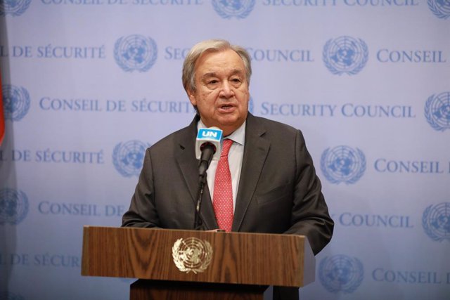 UNITED NATIONS, Oct. 13, 2023  -- UN Secretary-General Antonio Guterres speaks to the press outside the Security Council Chamber at the UN headquarters in New York, on Oct. 13, 2023. Guterres warned on Friday that the relocation of Gaza residents from the